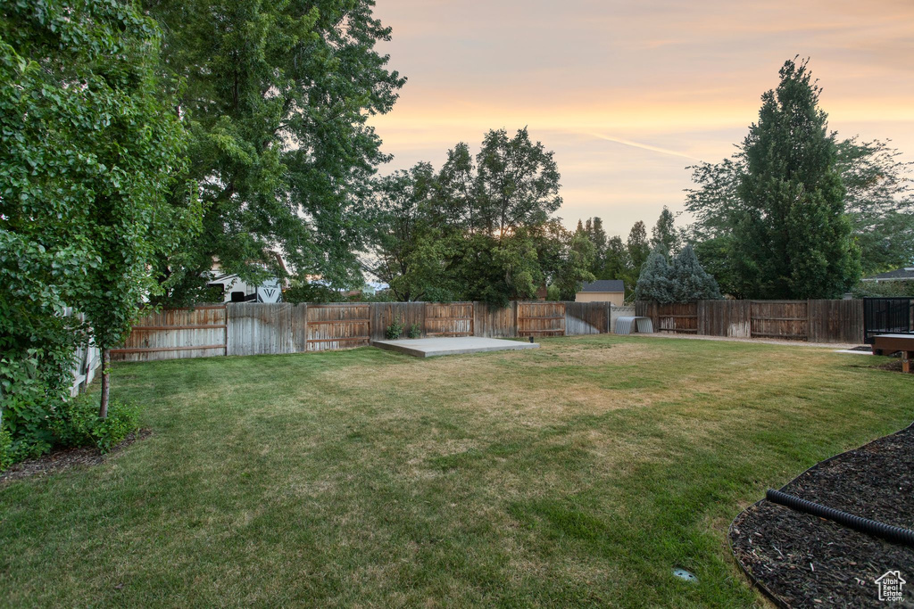 Yard at dusk with a fenced backyard