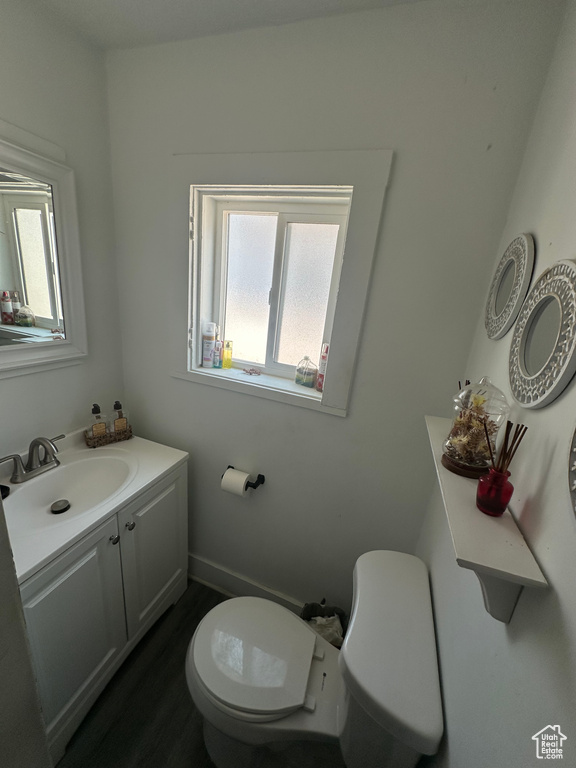 Half bath featuring vanity, healthy amount of natural light, and wood finished floors