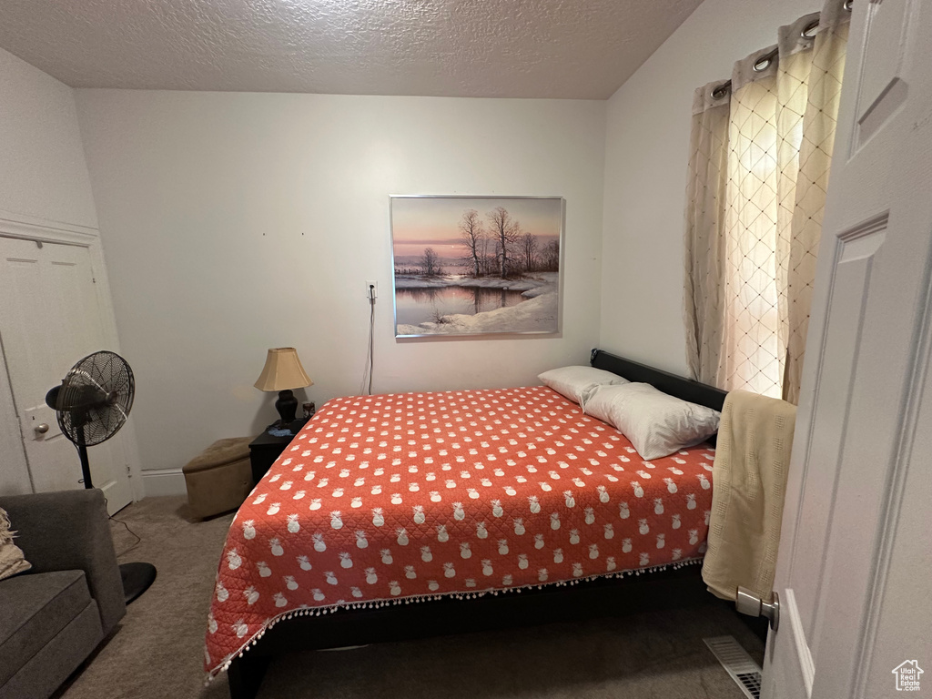 Bedroom featuring carpet floors and a textured ceiling