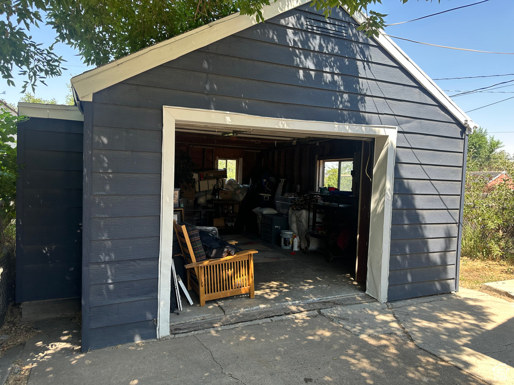 View of detached garage