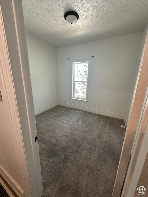 Empty room featuring a textured ceiling and carpet floors