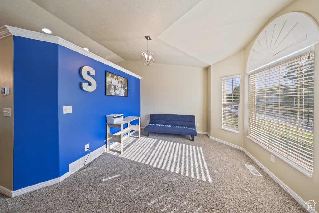 Sitting room featuring carpet flooring and vaulted ceiling