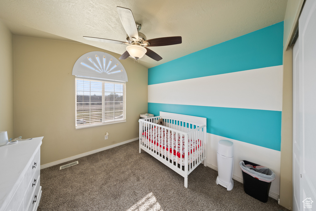 Carpeted bedroom with a nursery area, a ceiling fan, a closet, and vaulted ceiling