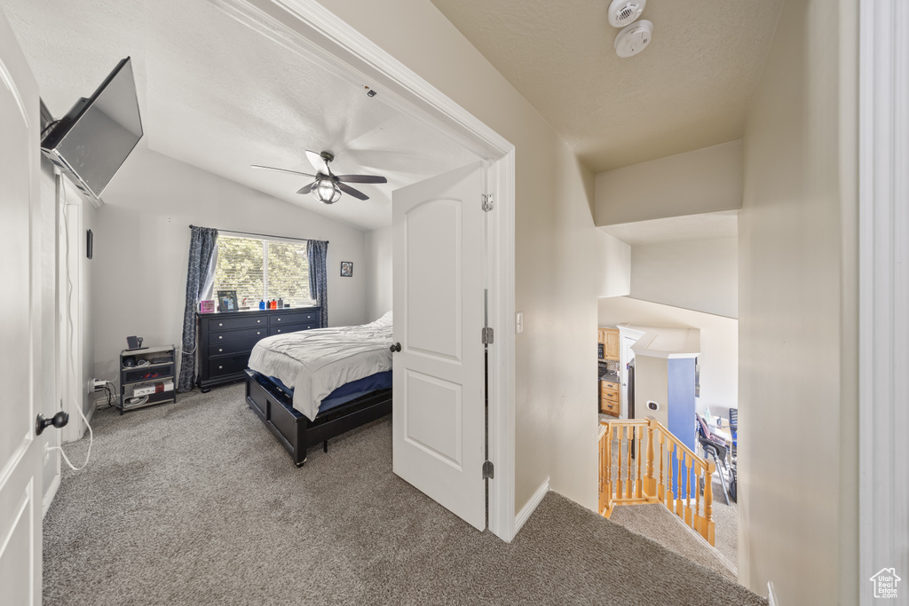 Carpeted bedroom with lofted ceiling and ceiling fan