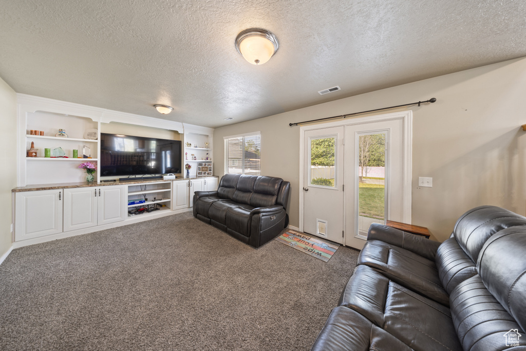 Living area featuring a textured ceiling and carpet flooring