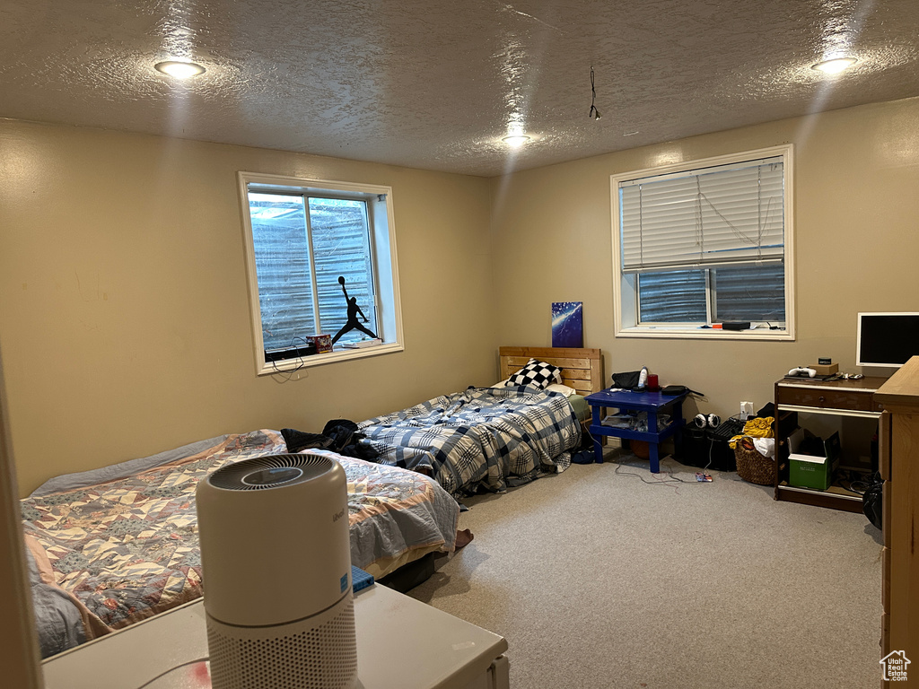 Carpeted bedroom with a textured ceiling
