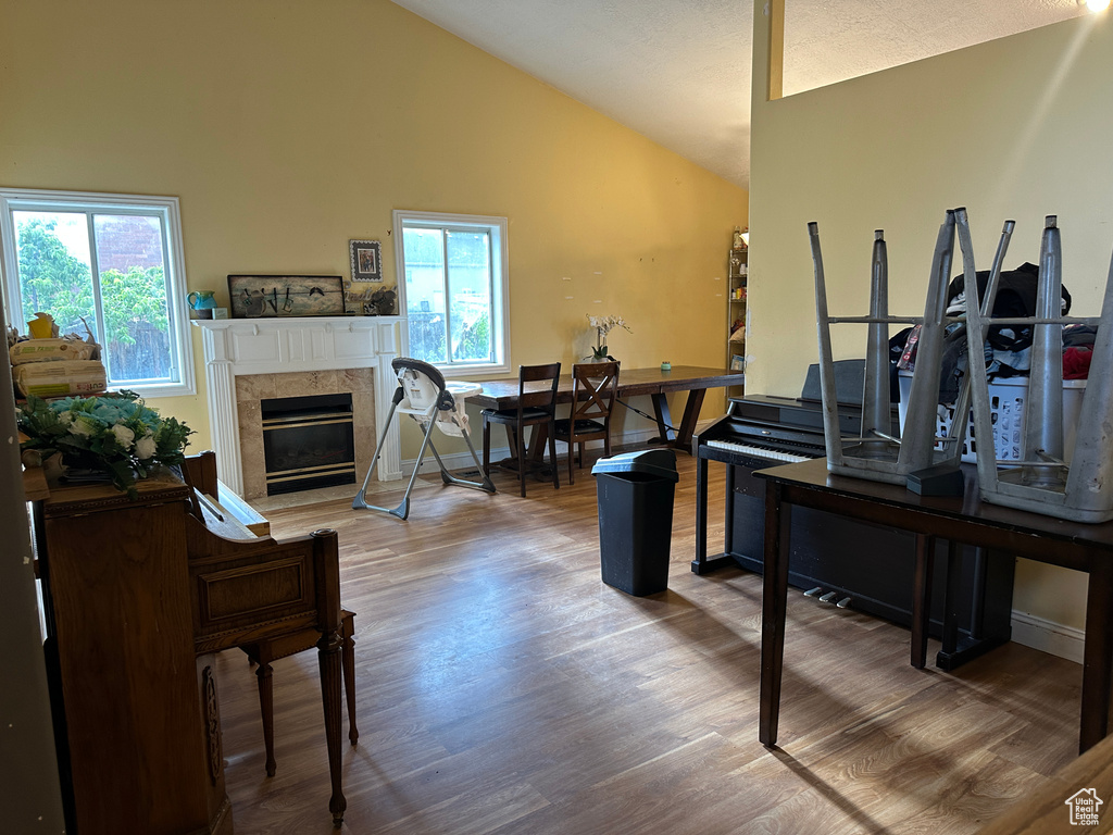 Living room featuring wood finished floors, a glass covered fireplace, and high vaulted ceiling