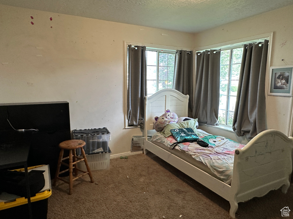 Bedroom with a textured ceiling and carpet flooring