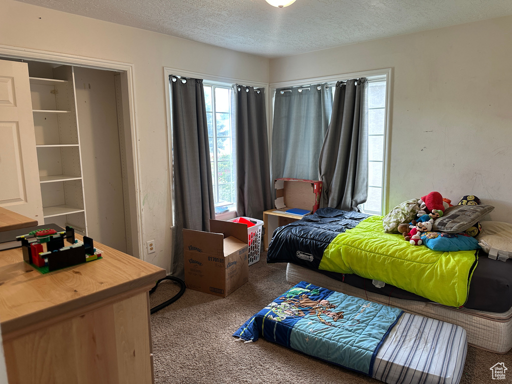 Carpeted bedroom featuring a textured ceiling