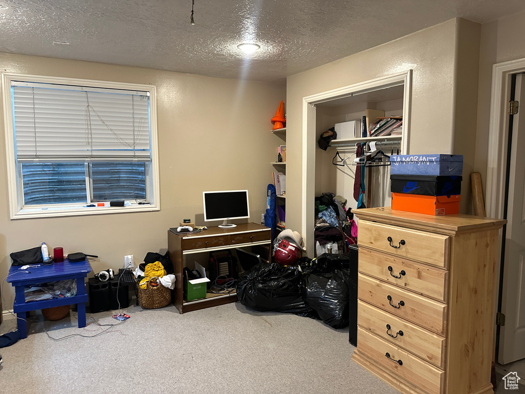 Carpeted bedroom featuring a textured ceiling
