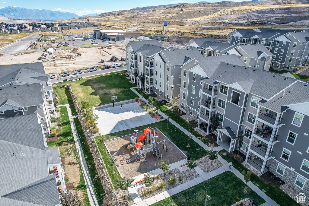 Drone / aerial view of a mountainous background