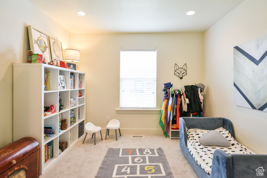 Game room featuring carpet flooring and recessed lighting
