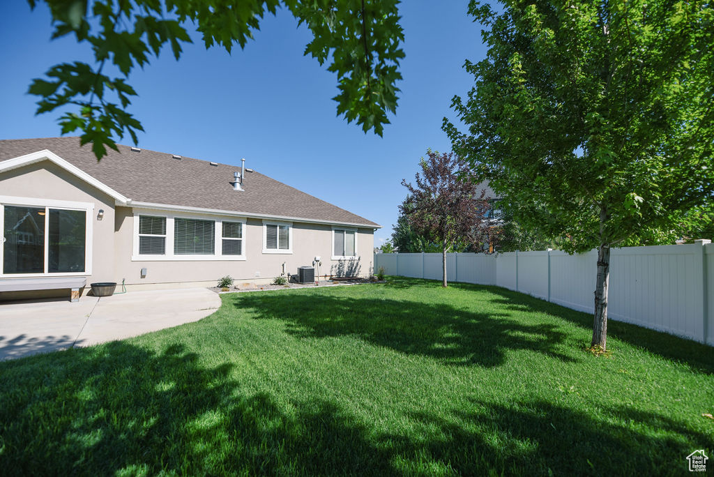 Fenced backyard with a patio