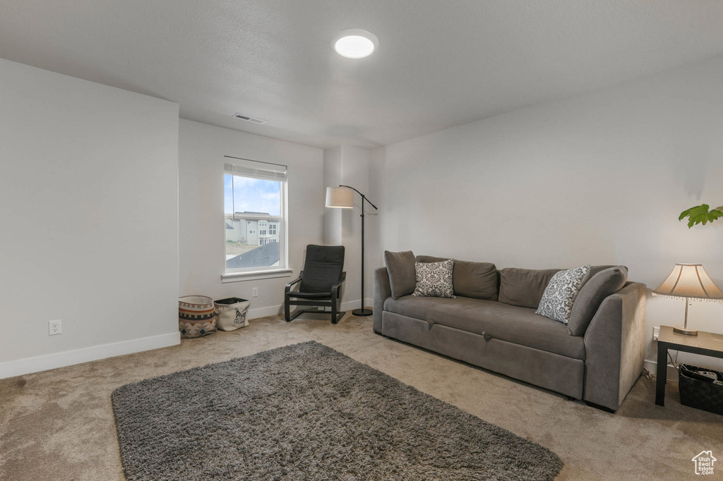 Carpeted living room with baseboards