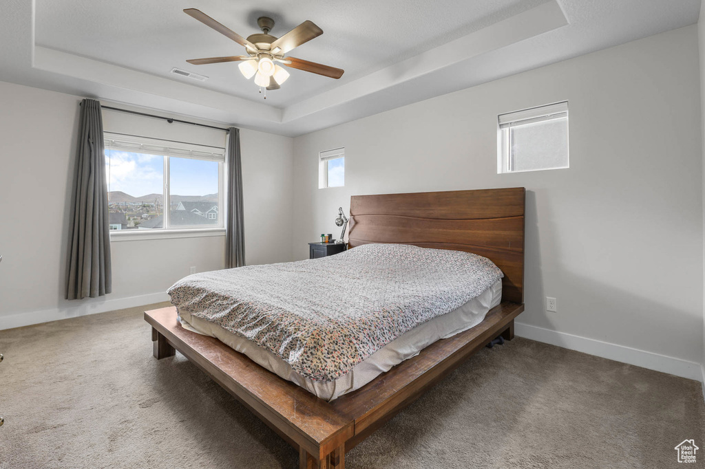 Carpeted bedroom featuring a raised ceiling and a ceiling fan