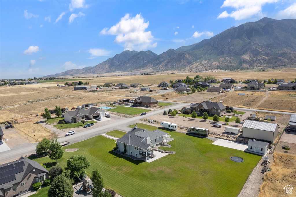 Aerial perspective of suburban area featuring mountains