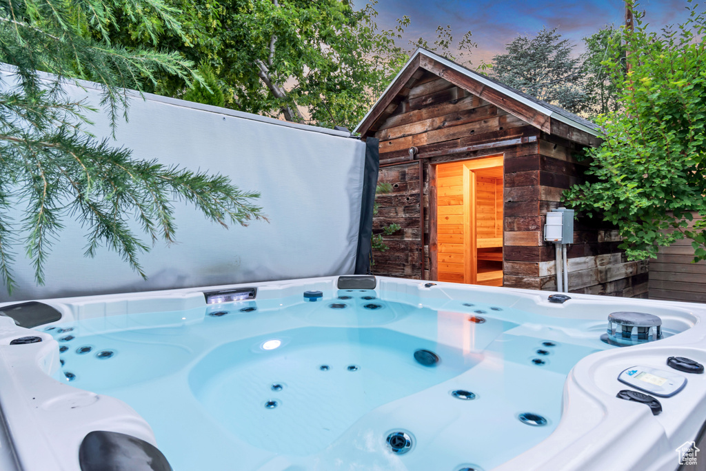 Exterior space featuring a hot tub