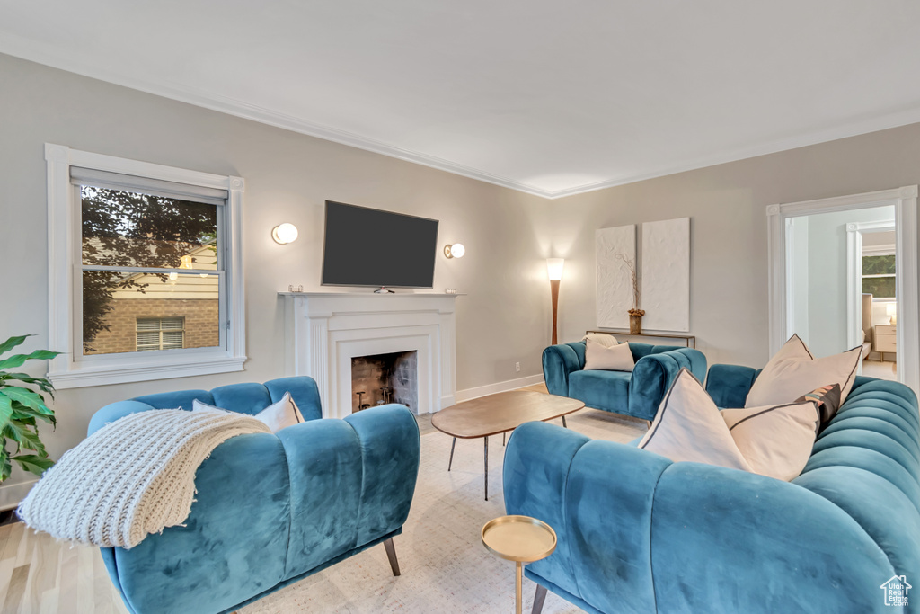 Living area with plenty of natural light, ornamental molding, and a fireplace
