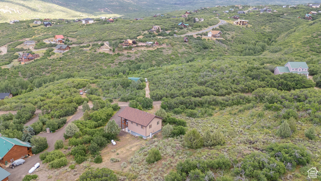 Aerial view of a heavily wooded area and a mountain backdrop