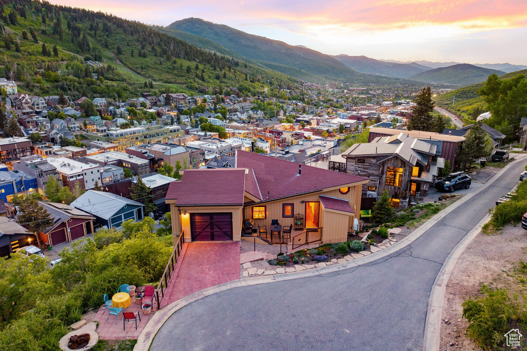 Aerial view at dusk of a mountain view