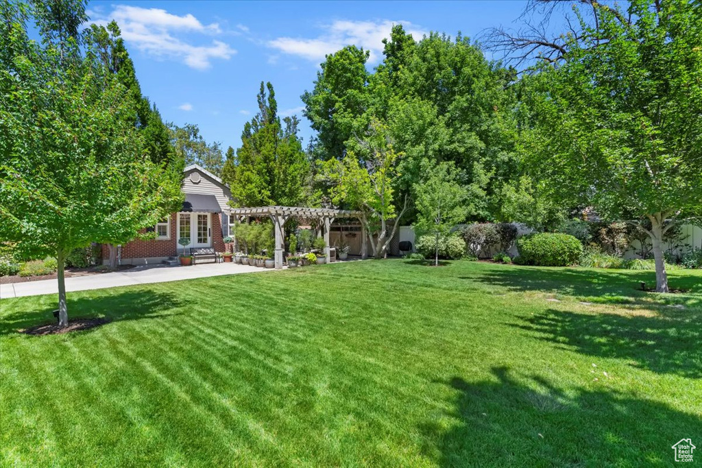 View of grassy yard featuring a pergola and a patio