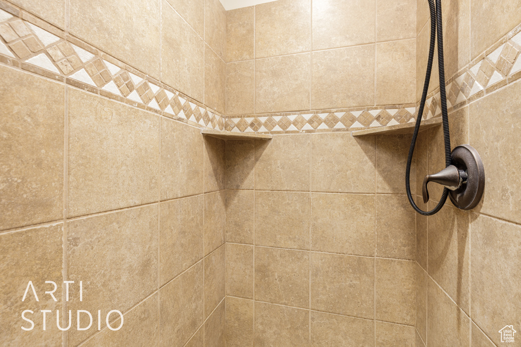Bathroom view of a tile shower