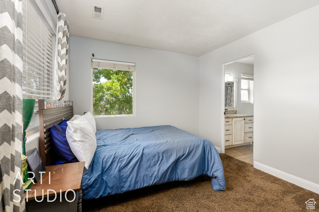 Bedroom featuring multiple windows, light carpet, and ensuite bathroom