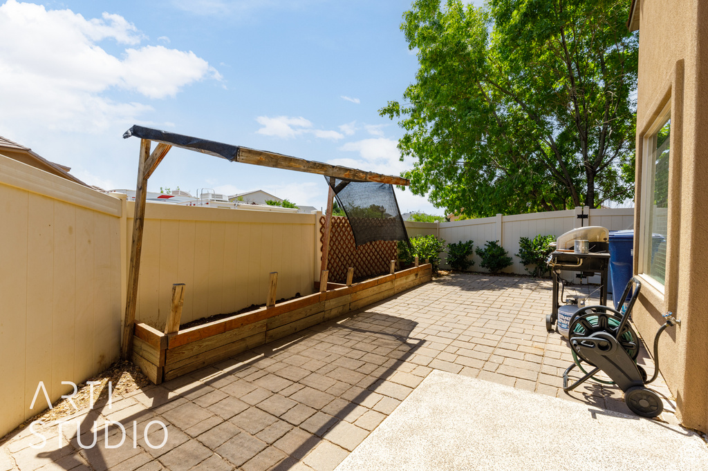 Fenced backyard featuring a patio and a grill