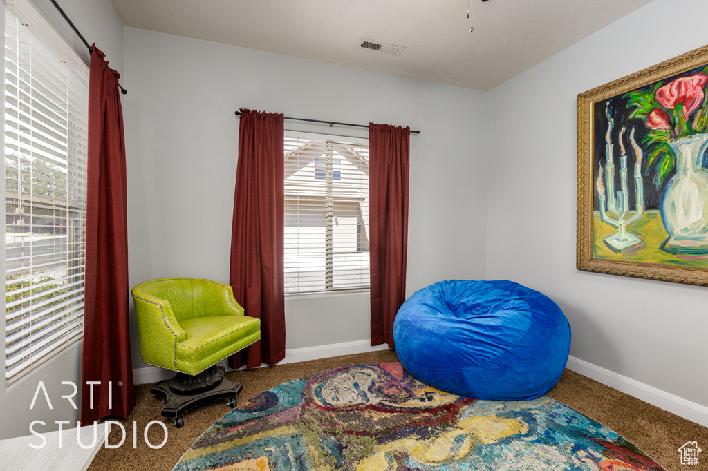 Living area with plenty of natural light and carpet