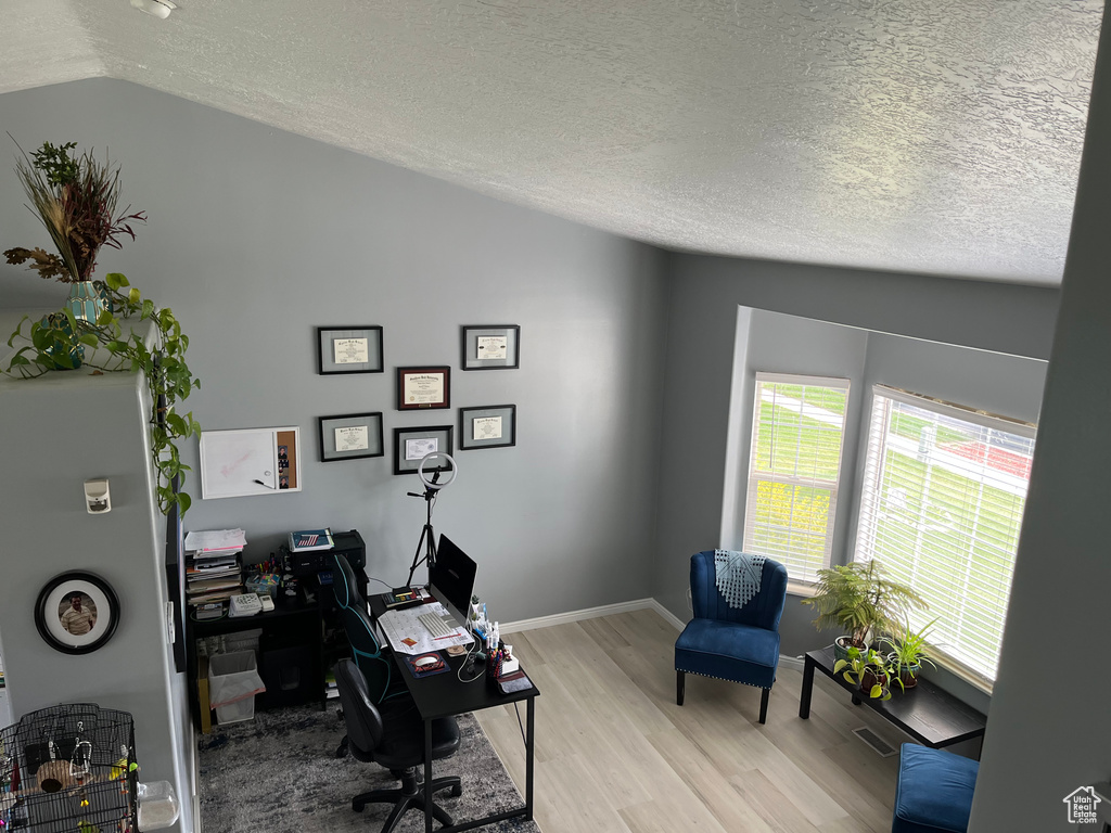 Office with vaulted ceiling, light wood finished floors, and a textured ceiling