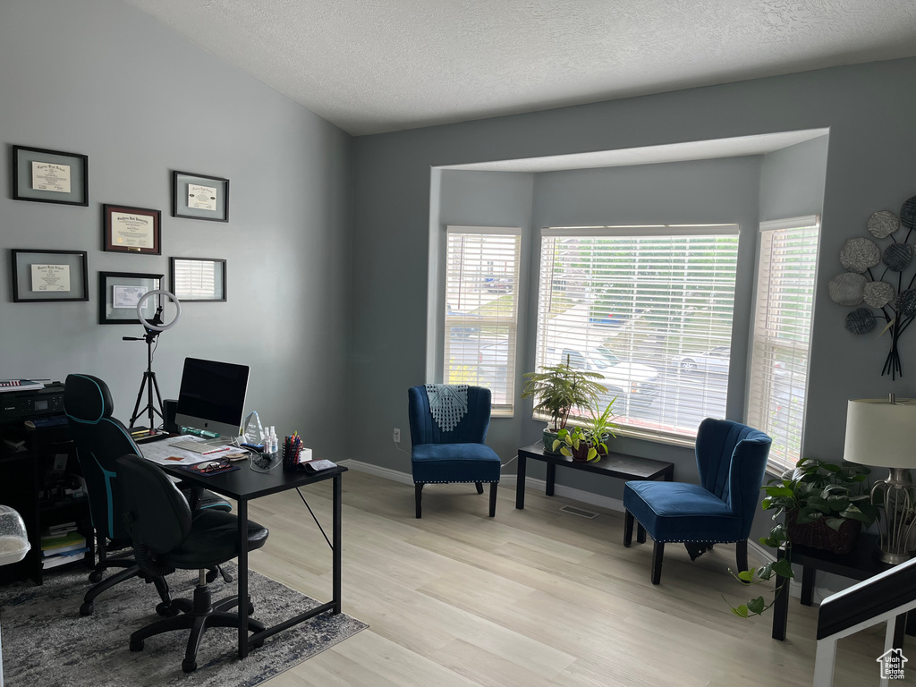 Office space featuring plenty of natural light, light wood-type flooring, and a textured ceiling