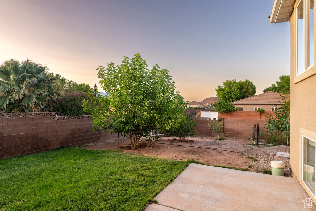 Yard at dusk with a patio area and a fenced backyard