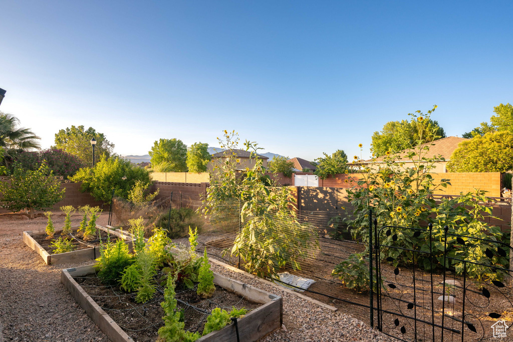Fenced backyard featuring a vegetable garden