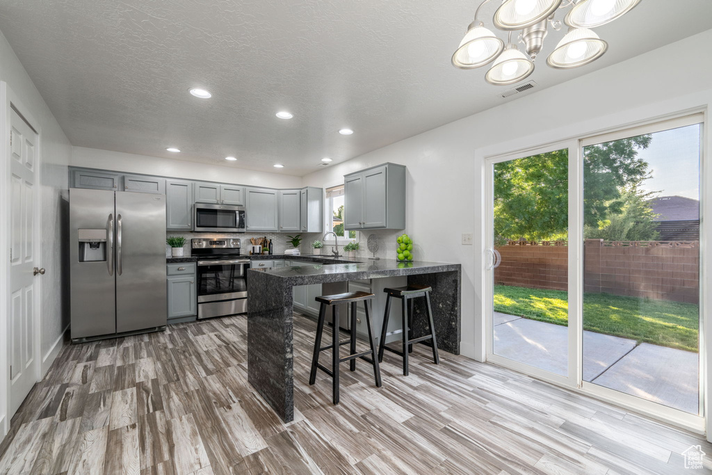Kitchen featuring stainless steel appliances, gray cabinetry, dark countertops, healthy amount of natural light, and recessed lighting