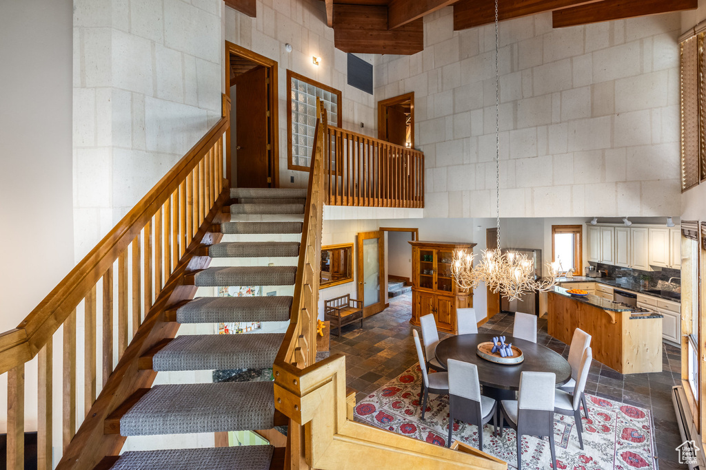 Stairs with a chandelier