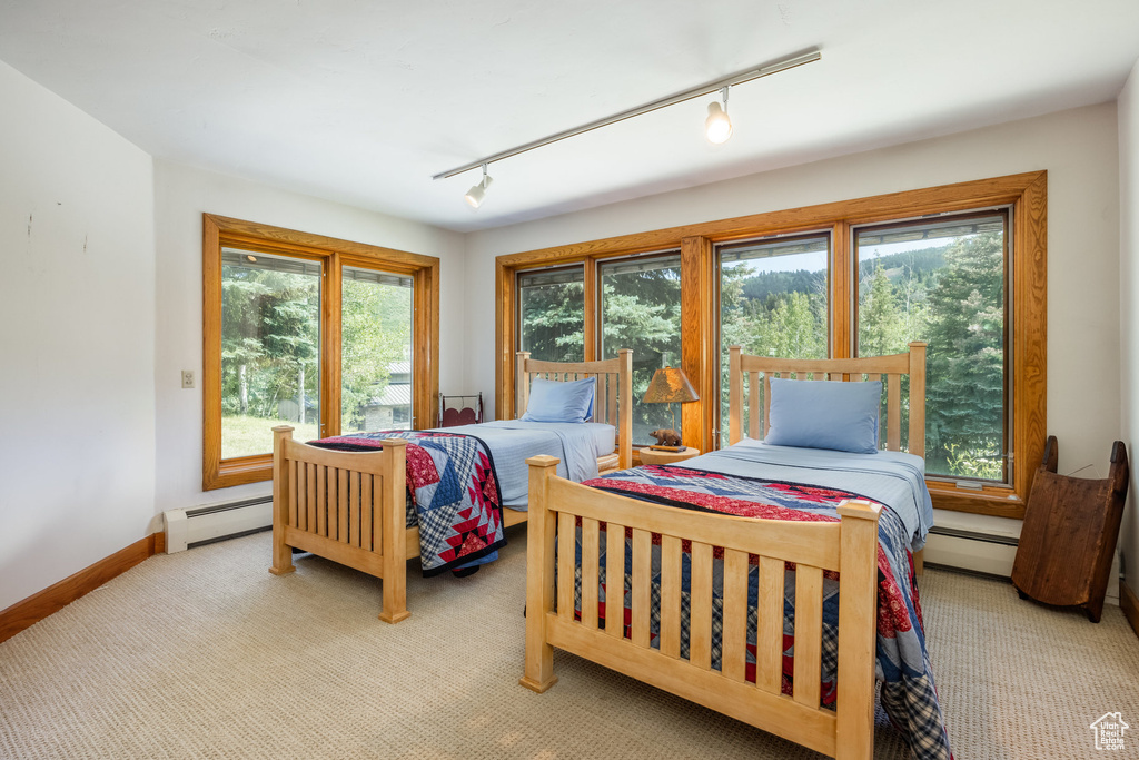 Bedroom featuring carpet floors, a baseboard heating unit, and rail lighting