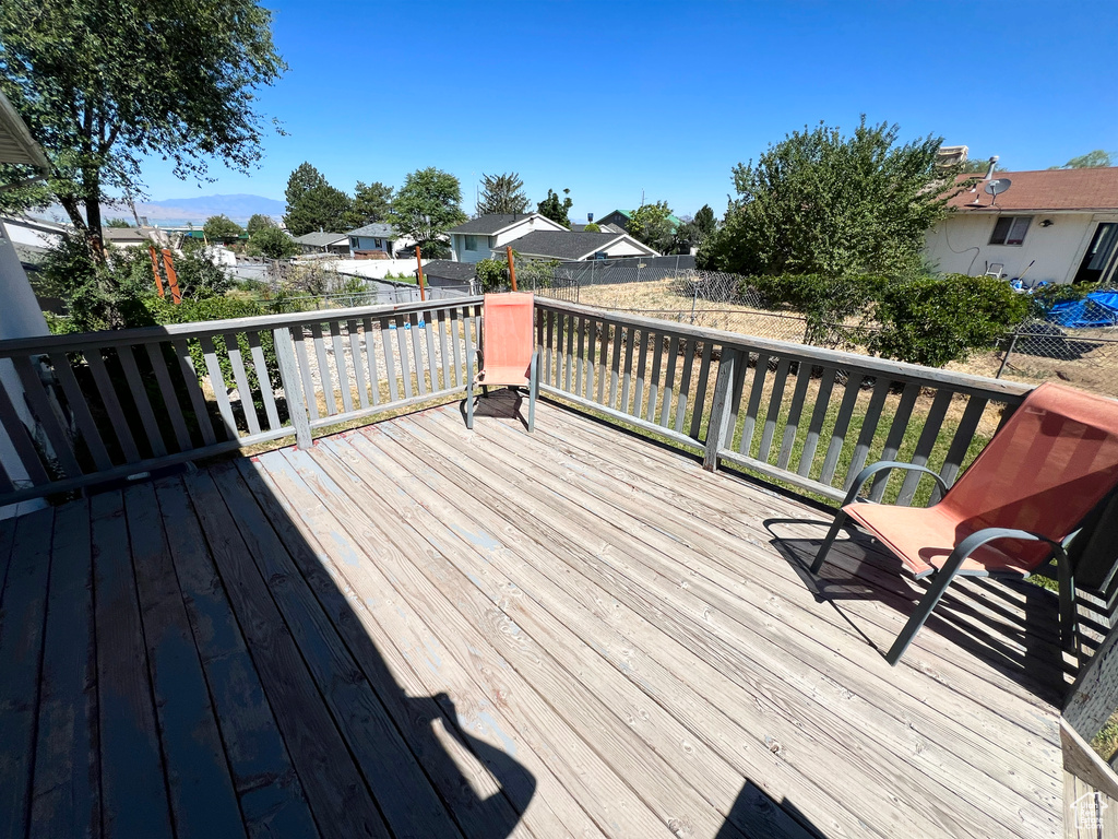 Wooden deck featuring a fenced backyard and a residential view