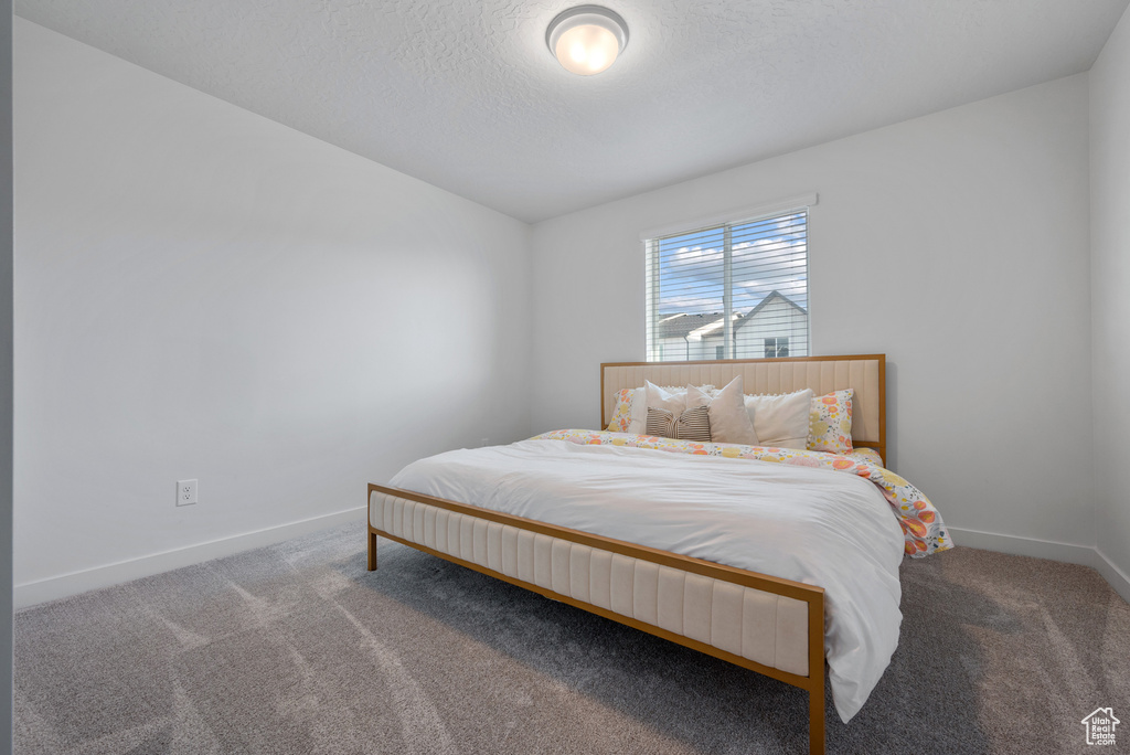 Bedroom with carpet flooring and a textured ceiling