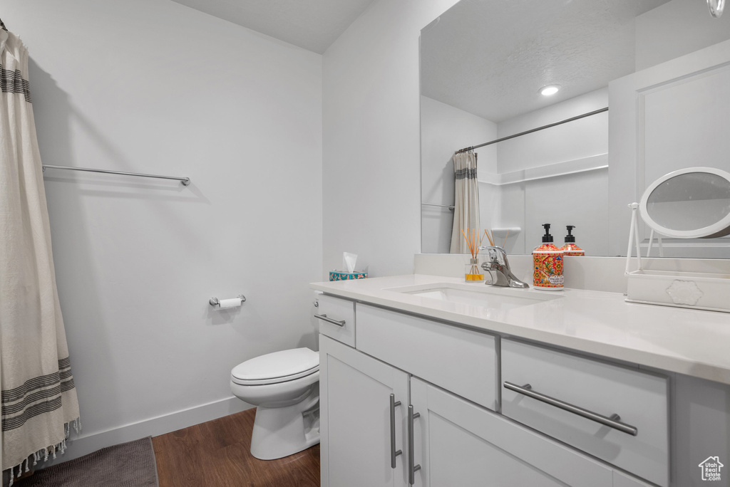 Full bathroom with vanity, wood finished floors, and a shower with shower curtain