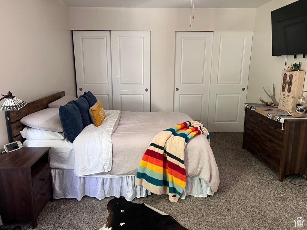 Bedroom with carpet floors and two closets
