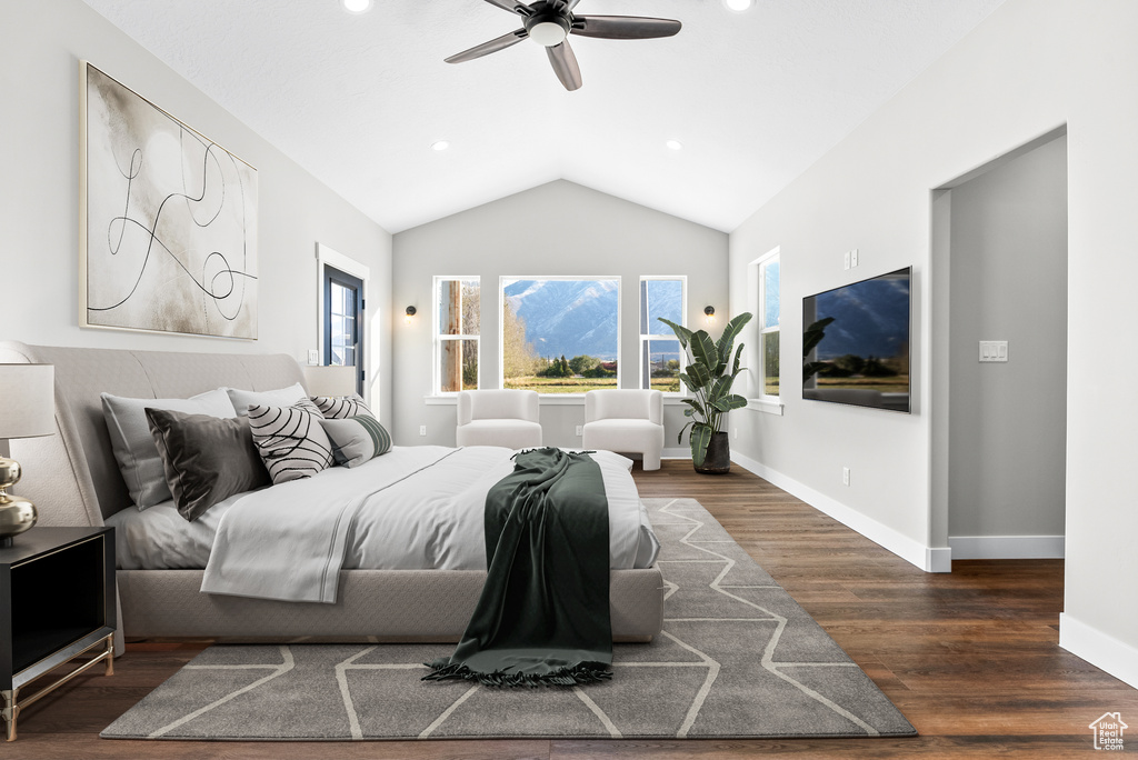 Bedroom with wood finished floors, lofted ceiling, recessed lighting, and a ceiling fan