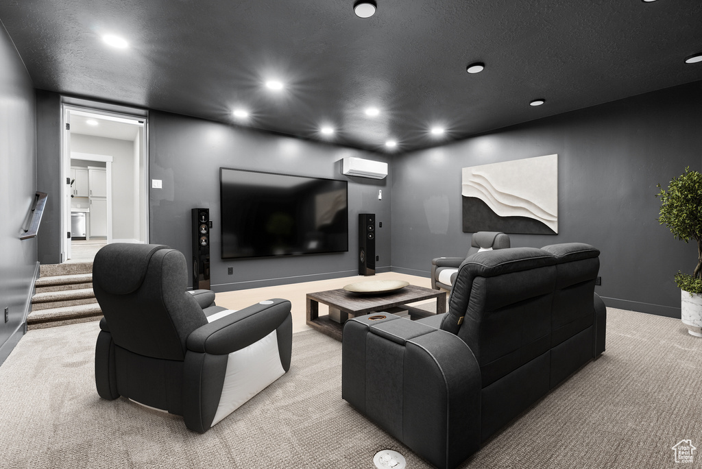 Cinema with an AC wall unit, light carpet, and recessed lighting