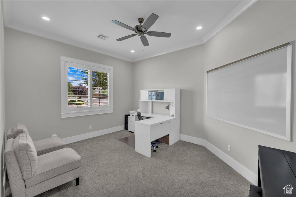 Office area featuring light colored carpet, recessed lighting, a ceiling fan, and ornamental molding