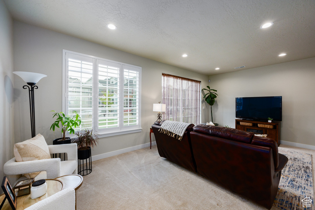 Living room featuring recessed lighting, carpet flooring, and a textured ceiling
