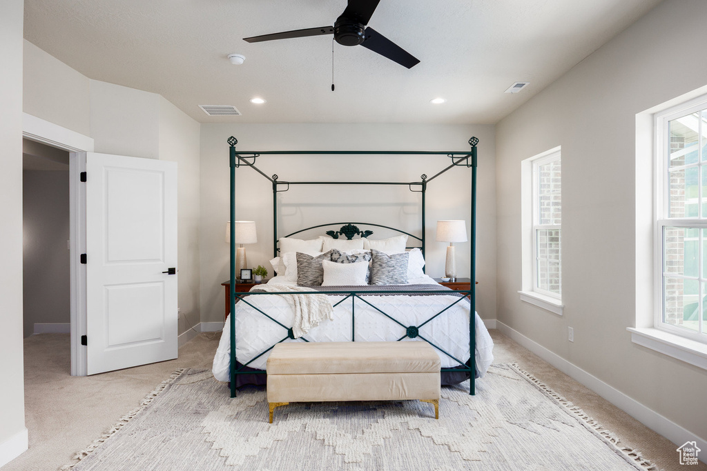 Bedroom featuring carpet floors, recessed lighting, and ceiling fan