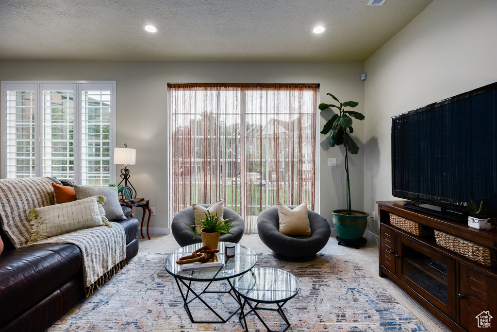 Living room featuring light colored carpet, recessed lighting, and a textured ceiling