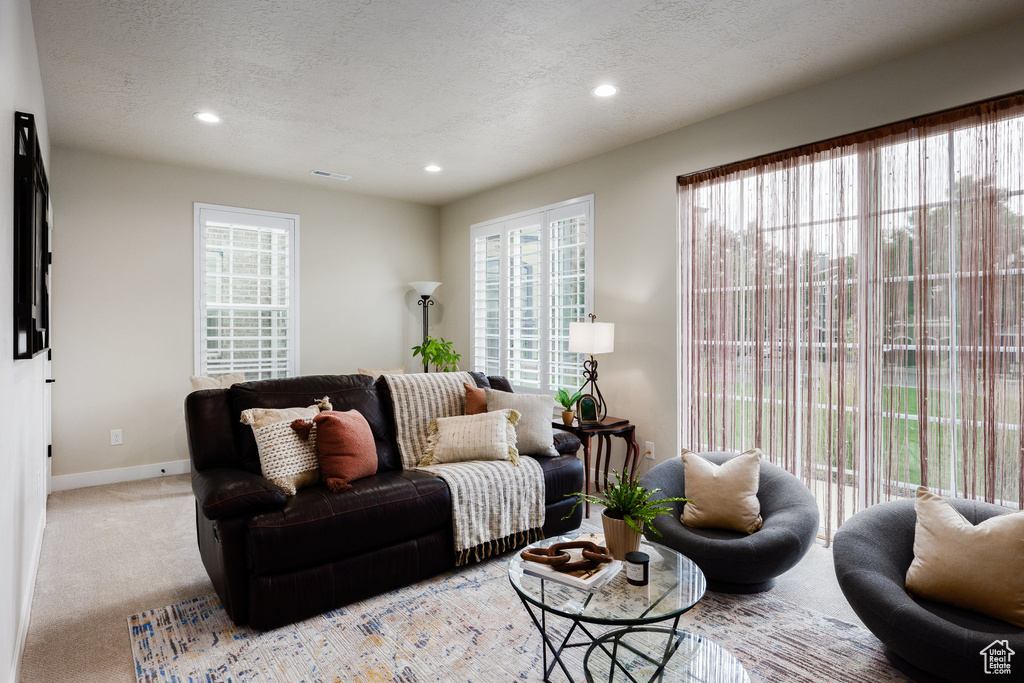 Living room featuring recessed lighting, carpet floors, and a textured ceiling