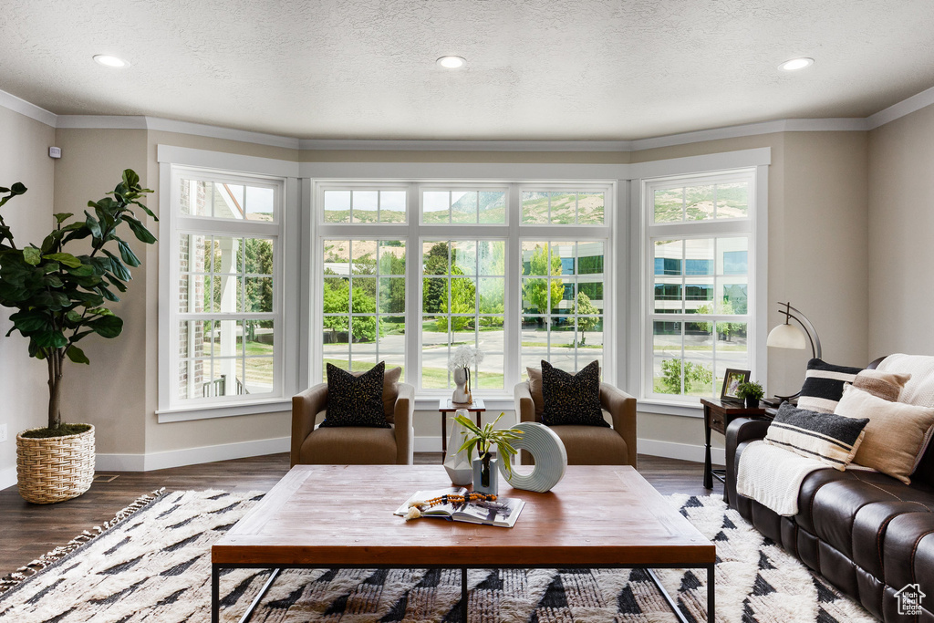 Living room with crown molding, wood finished floors, recessed lighting, and a textured ceiling