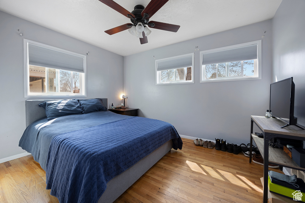 Bedroom featuring multiple windows, hardwood / wood-style flooring, and ceiling fan