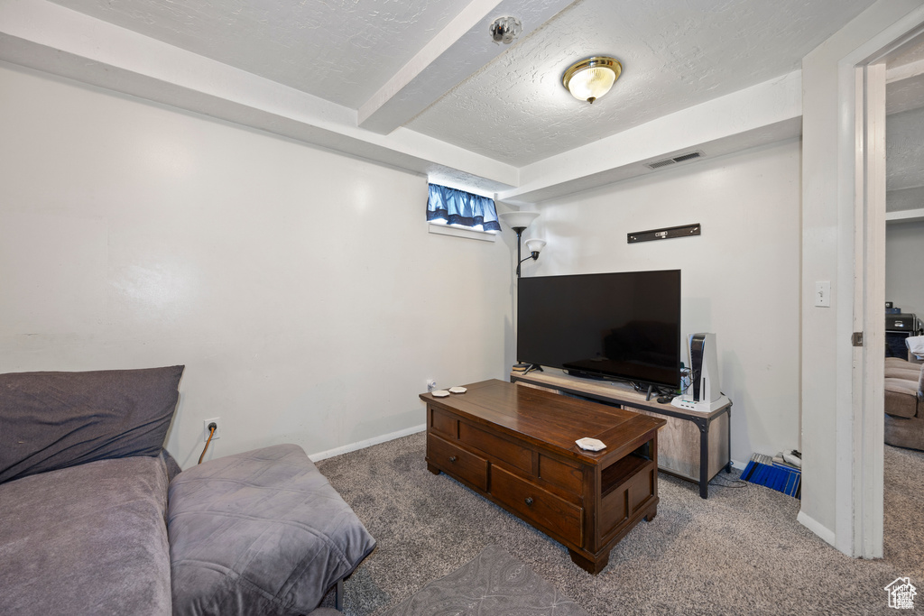Carpeted living area featuring beamed ceiling and a textured ceiling